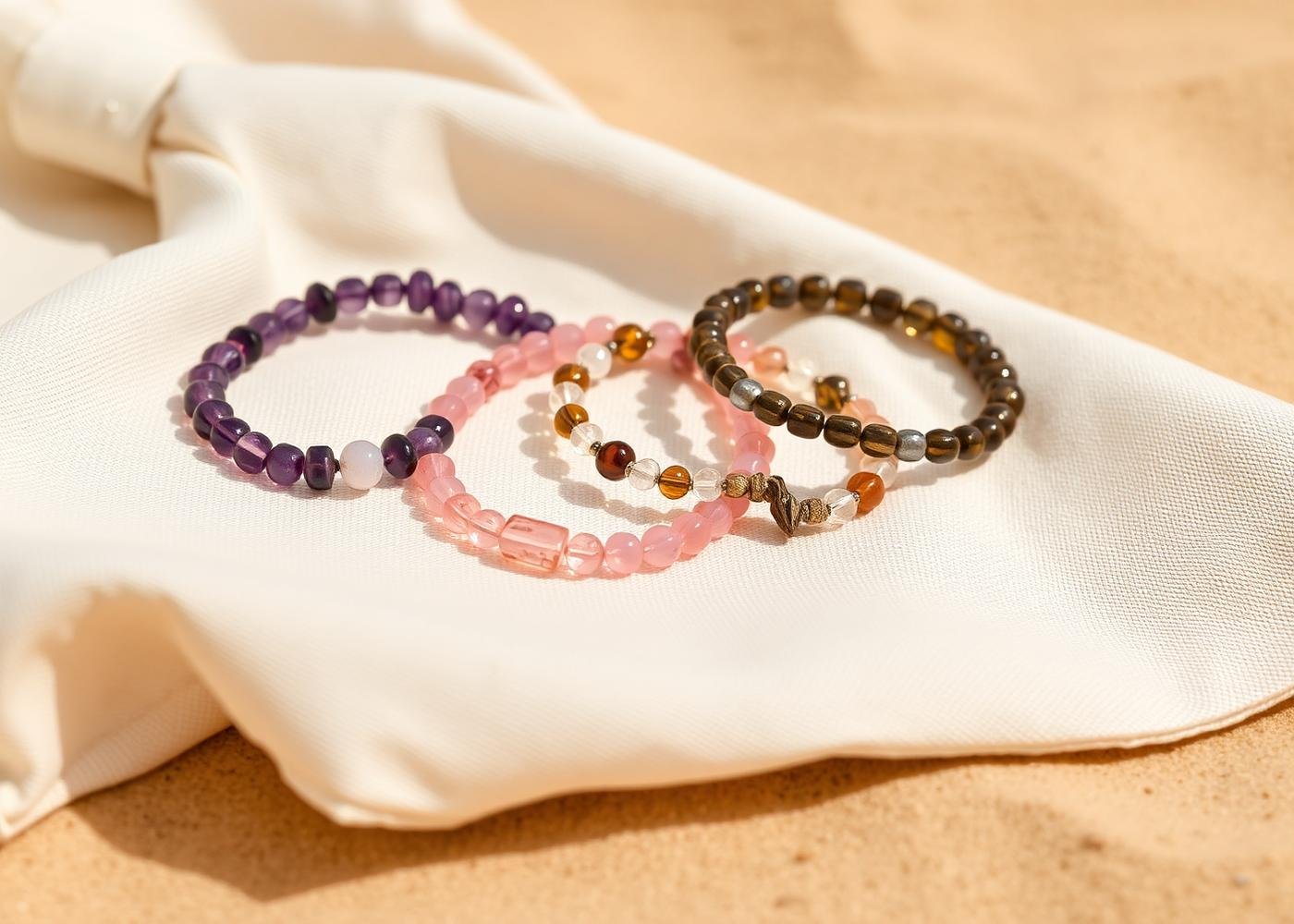 Selection of crystal bracelets on warm linen